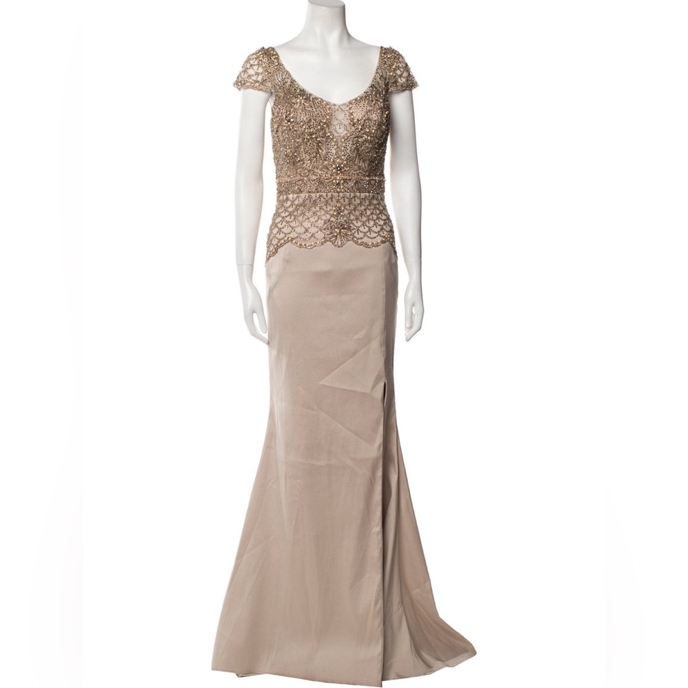 Terani Couture Tan Gold Embellished Gown for Weddings